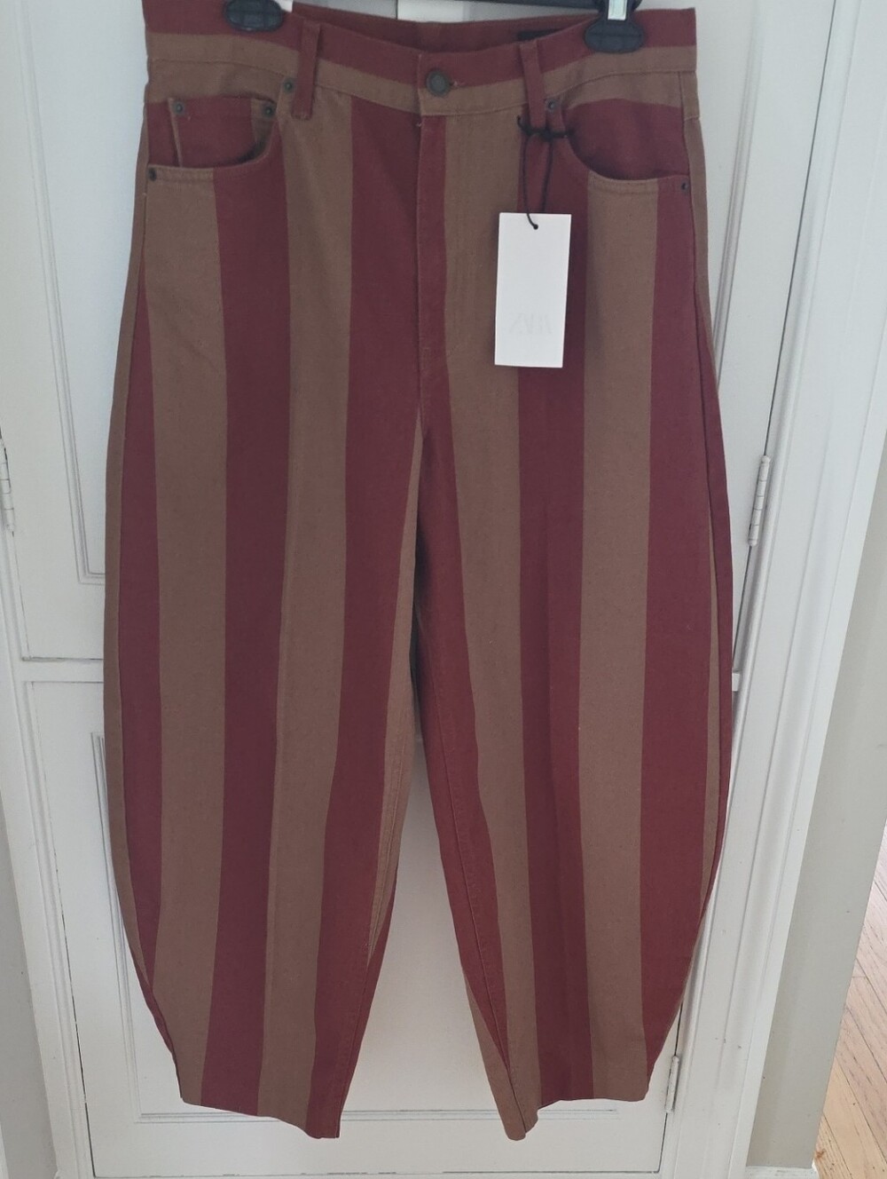 Zara Womens Striped Chinos in Brown & Burgundy
